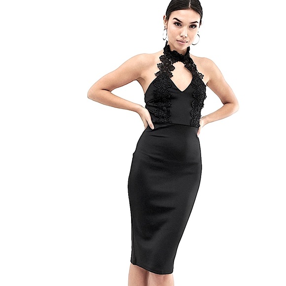 AX Paris Black Halterneck Bodycon Choker Dress Lace Detail, Women’s Size Small - Picture 3 of 12